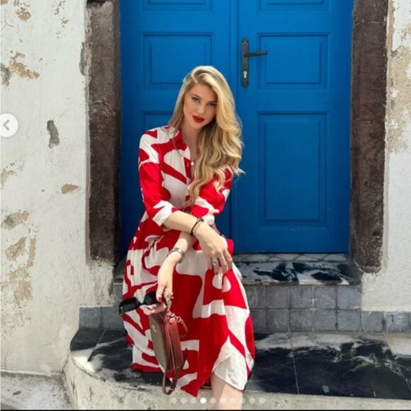 Zara Blogger’s Favourite Red & White Printed Belted Midi Shirt Dress size XL - Picture 2 of 15